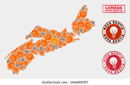 Illumination bulb mosaic Nova Scotia Province map and grunge round stamps. Mosaic vector Nova Scotia Province map is created with illumination bulb icons. Abstraction for innovation business.