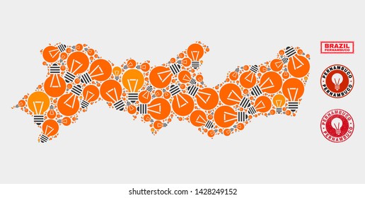 Illumination bulb mosaic Pernambuco State map and grunge round stamps. Mosaic vector Pernambuco State map is created with illumination bulb items. Abstraction for power supply business.