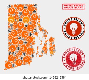 Illumination bulb mosaic Rhode Island State map and rubber round stamps. Mosaic vector Rhode Island State map is composed with illumination lamp elements. Concept for patent business.