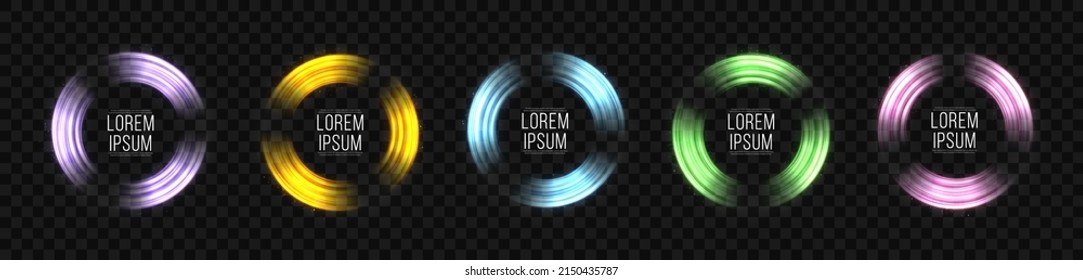 Illumination effect light rings. Abstract glowing circles. Sparkling frames design. Luxury decorative round banner. Set of neon rings of different colors.