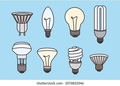 Illumination and electricity light concept. Set of various lamps enlightenment for home of different shapes and colors over blue background vector illustration 