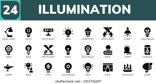illumination icon set. 24 filled illumination icons.  Collection Of - Desk lamp, Light, Spotlight, Idea, Lamppost, Lamp, Lightbulb, Eco bulb, Candle, Candles