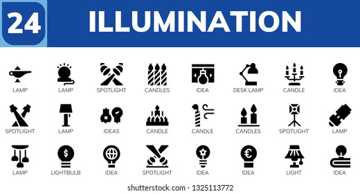 illumination icon set. 24 filled illumination icons.  Simple modern icons about  - Lamp, Spotlight, Candles, Idea, Desk lamp, Candle, Ideas, Lightbulb, Light