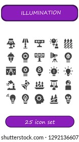  illumination icon set. 25 filled illumination icons. Simple modern icons about  - Light, Lamp, Spotlight, Idea, Candles, Lamppost, Illumination, Lightbulb, Desk lamp, Eco bulb