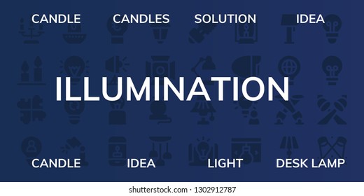  illumination icon set. 32 filled illumination icons. on blue background style Simple modern icons about  - Candle, Candles, Solution, Idea, Light, Desk lamp, Spotlight, Lamppost
