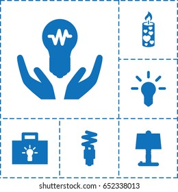 Illumination icon. set of 6 illumination filled icons such as candle, fluorescent lamp, bulb, bulb in hand