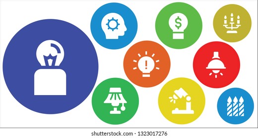 illumination icon set. 9 filled illumination icons.  Collection Of - Idea, Inspiration, Light, Desk lamp, Lamp, Candle, Candles