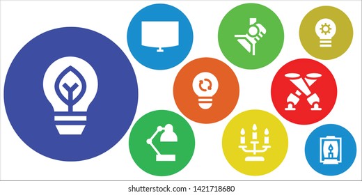 illumination icon set. 9 filled illumination icons.  Collection Of - Eco bulb, Night stand, Spotlight, Desk lamp, Candle, Light, Lightbulb, Lamp