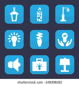 Illumination icon. set of 9 filled illumination icons such as street lamp, candle, light bulb, fluorescent lamp, bulb in hand