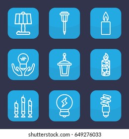 Illumination icon. set of 9 outline illumination icons such as street lamp, candle, fluorescent lamp, bulb, table lamp