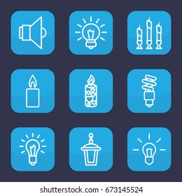 Illumination icon. set of 9 outline illumination icons such as street lamp, candle, light bulb, fluorescent lamp, lamp