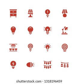 illumination icon set. Collection of 16 filled illumination icons included Lights, Bulb, Idea, Inspiration, Light, Desk lamp, Lamp, Night stand