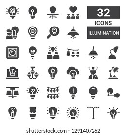 illumination icon set. Collection of 32 filled illumination icons included Idea, Street light, Lightbulb, Lamp, Lights, Desk lamp, Chandelier, Dimmer, Light, Inspiration
