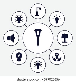 illumination icons set. Set of 9 illumination filled icons such as street lamp, light bulb, lamp, bulb, bulb in hand