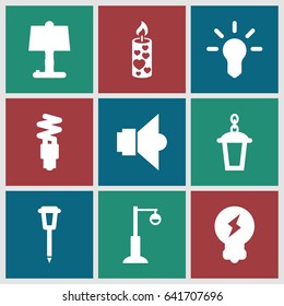 Illumination icons set. set of 9 illumination filled icons such as street lamp, candle, fluorescent lamp
