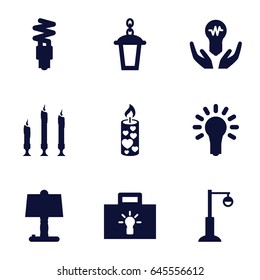 Illumination icons set. set of 9 illumination filled icons such as street lamp, candle, light bulb, fluorescent lamp, bulb in hand, bulb