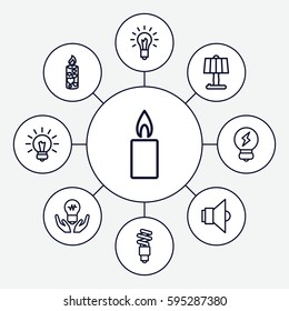 illumination icons set. Set of 9 illumination outline icons such as candle, light bulb, fluorescent lamp, lamp, bulb, table lamp