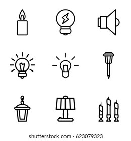 Illumination icons set. set of 9 illumination outline icons such as street lamp, candle, lamp, bulb