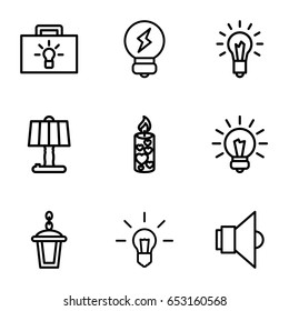 Illumination icons set. set of 9 illumination outline icons such as street lamp, candle, light bulb, lamp, bulb