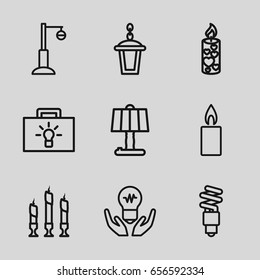 Illumination icons set. set of 9 illumination outline icons such as street lamp, candle, fluorescent lamp, table lamp, bulb in hand