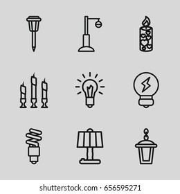 Illumination icons set. set of 9 illumination outline icons such as street lamp, candle, light bulb, fluorescent lamp, bulb