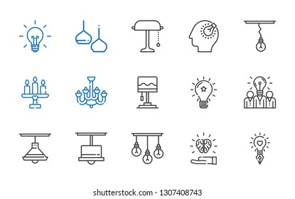 illumination icons set. Collection of illumination with idea, lamp, chandelier, candle, bulb, desk lamp, light. Editable and scalable illumination icons.