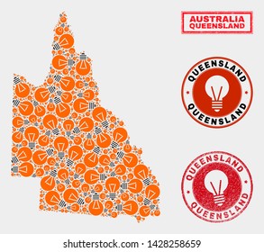 Illumination lamp mosaic Australian Queensland map and grunge rounded stamp seals. Mosaic vector Australian Queensland map is created with illumination lamp items.