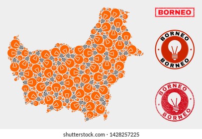 Illumination lamp mosaic Borneo map and grunge rounded seals. Mosaic vector Borneo map is created with power lamp elements. Abstract images for power supply business. Orange and red colors used.