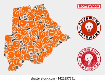 Illumination lamp mosaic Botswana map and rubber rounded stamps. Mosaic vector Botswana map is created with electrical lamp elements. Abstract images for power supply business.