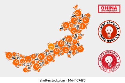 Illumination lamp mosaic Inner Mongolia map and grunge rounded stamp seals. Mosaic vector Inner Mongolia map is designed with power lamp symbols. Concept for power supply services.