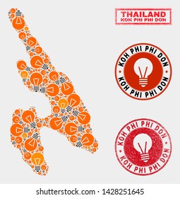 Illumination lamp mosaic Koh Phi Don map and grunge rounded seals. Mosaic vector Koh Phi Don map is designed with illumination lamp icons. Concept for power supply services.