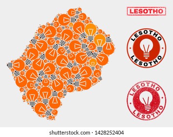 Illumination lamp mosaic Lesotho map and grunge round seals. Mosaic vector Lesotho map is created with illumination lamp items. Abstraction for innovation business. Orange and red colors used.