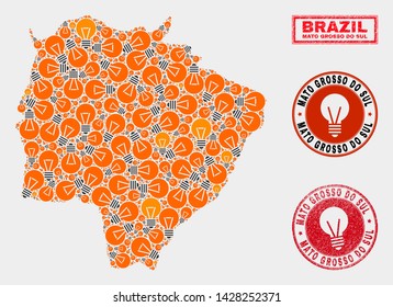 Illumination lamp mosaic Mato Grosso do Sul State map and grunge rounded stamps. Mosaic vector Mato Grosso do Sul State map is composed with power lamp elements. Templates for electric business.