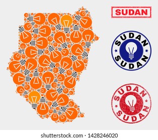 Illumination lamp mosaic Sudan map and grunge round watermarks. Mosaic vector Sudan map is created with illumination lamp icons. Templates for electric business. Orange and red colors used.