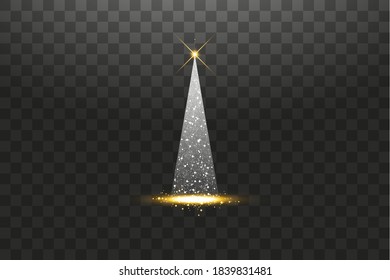 Illumination Lights Shiny Christmas tree Isolated on Transparent Background. White and golden Christmas tree as symbol of Happy New Year, Merry Christmas holiday celebration. Bright light decoration