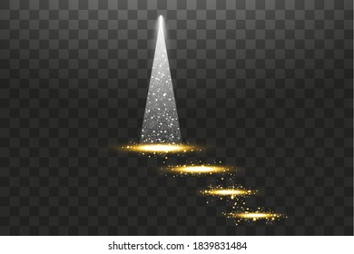 Illumination Lights Shiny Christmas tree Isolated on Transparent Background. White and golden Christmas tree as symbol of Happy New Year, Merry Christmas holiday celebration. Bright light decoration
