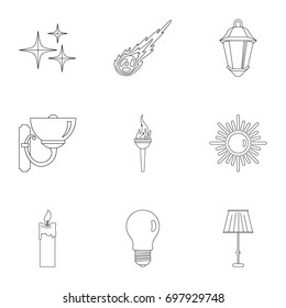 Illumination source icon set. Outline style set of 9 illumination vector icons for web isolated on white background