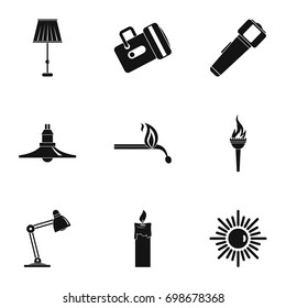 Illumination source icon set. Simple style set of 9 illumination vector icons for web isolated on white background