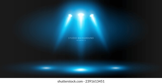 Illumination of the stage with blue light of lighting fixtures on a black background. Bright lighting with spotlights. Vector light sources. The light from the spotlight. Vector EPS 10.