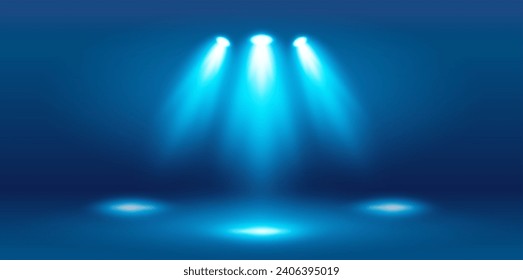 Illumination of the stage with blue light of lighting fixtures on a dark background. Bright lighting with spotlights. Vector light sources. The light from the spotlight. Vector EPS 10.