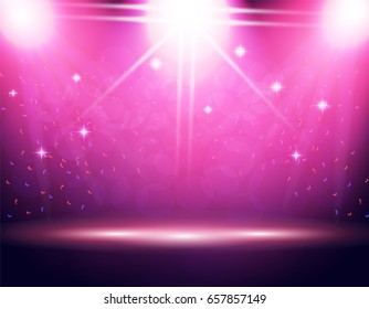 Illumination of the stage, podium, Three projectors from different directions. Confetti is flying. Purple background. Vector illustration