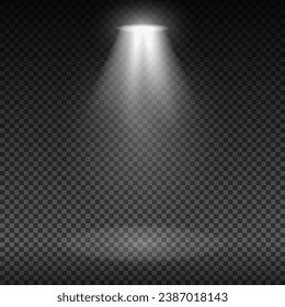 Illumination of the stage with white light of lighting fixtures on a dark transparent background. Bright lighting with spotlights. Vector light sources. The light from the spotlight. Vector EPS 10.