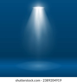 Iluminación del escenario con luz blanca de iluminación sobre un fondo azul. Luces luminosas con focos. Fuentes de luz vectorial. La luz del foco. EPS vectorial 10.