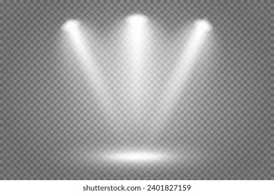 Iluminación del escenario con luz blanca de luces fijadas sobre un fondo transparente. Luces luminosas con focos. Fuentes de luz vectorial. La luz del foco. EPS vectorial 10.