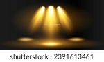 Illumination of the stage with yellow light of lighting fixtures on a dark background. Bright lighting with spotlights. Vector light sources. The light from the spotlight. Vector EPS 10.