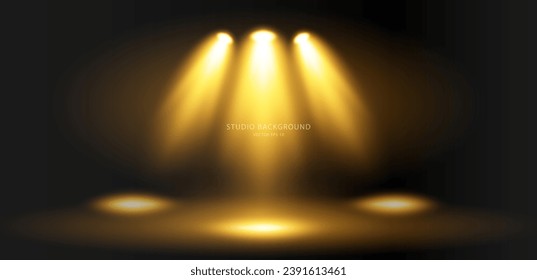 Illumination of the stage with yellow light of lighting fixtures on a dark background. Bright lighting with spotlights. Vector light sources. The light from the spotlight. Vector EPS 10.