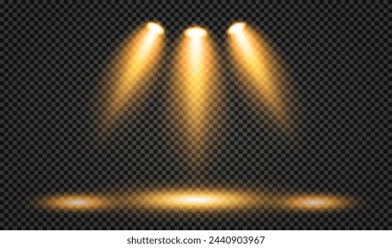 Illumination of the stage with yellow light of lighting fixtures on a dark background. Bright lighting with spotlights. Vector light sources. The light from the spotlight. Vector EPS 10.