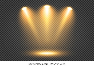 Illumination of the stage with yellow light of lighting fixtures on a dark transparent background. Bright lighting with spotlights. Vector light sources. The light from the spotlight. Vector EPS 10.