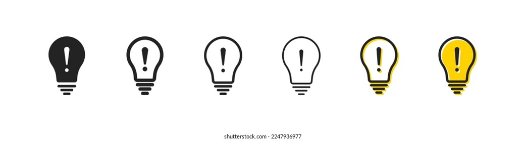 Illuminator set icon. Website, lamp, light, glow, lighting, idea, inspiration, brain work, plan, solution, electricity. Shine concept. Six vector line icon in different styles