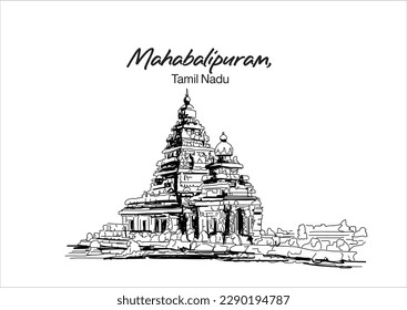 illuration vector of Mamallapuram, or Mahabalipuram tamil nadu, india